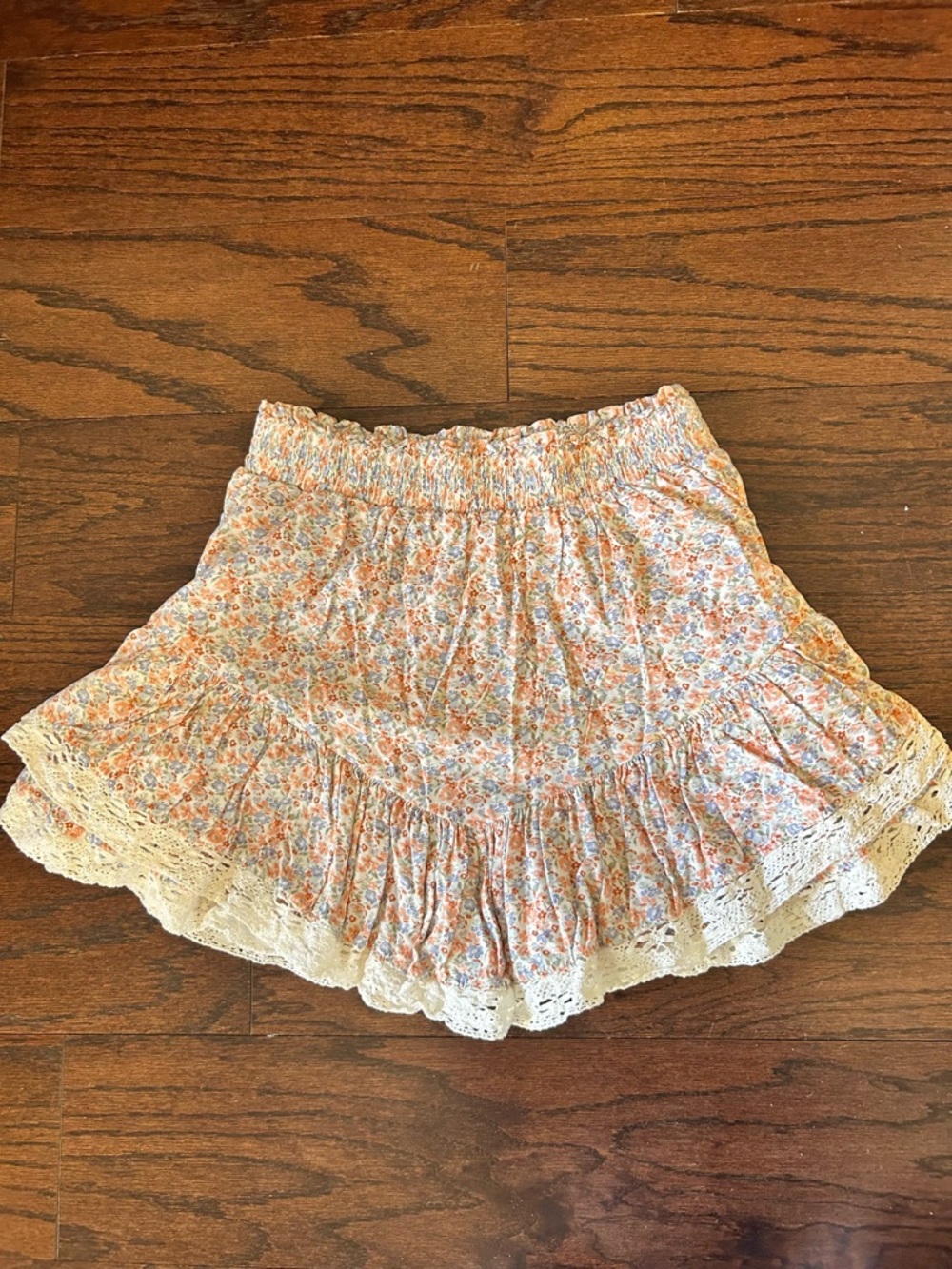 Aeropostale Peach and Blue Floral Lace-Trim Skater Skirt